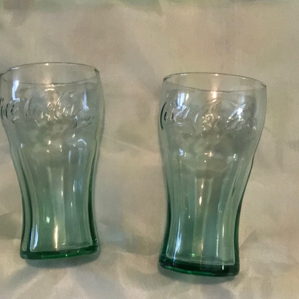 2 small green Coca Cola glasses